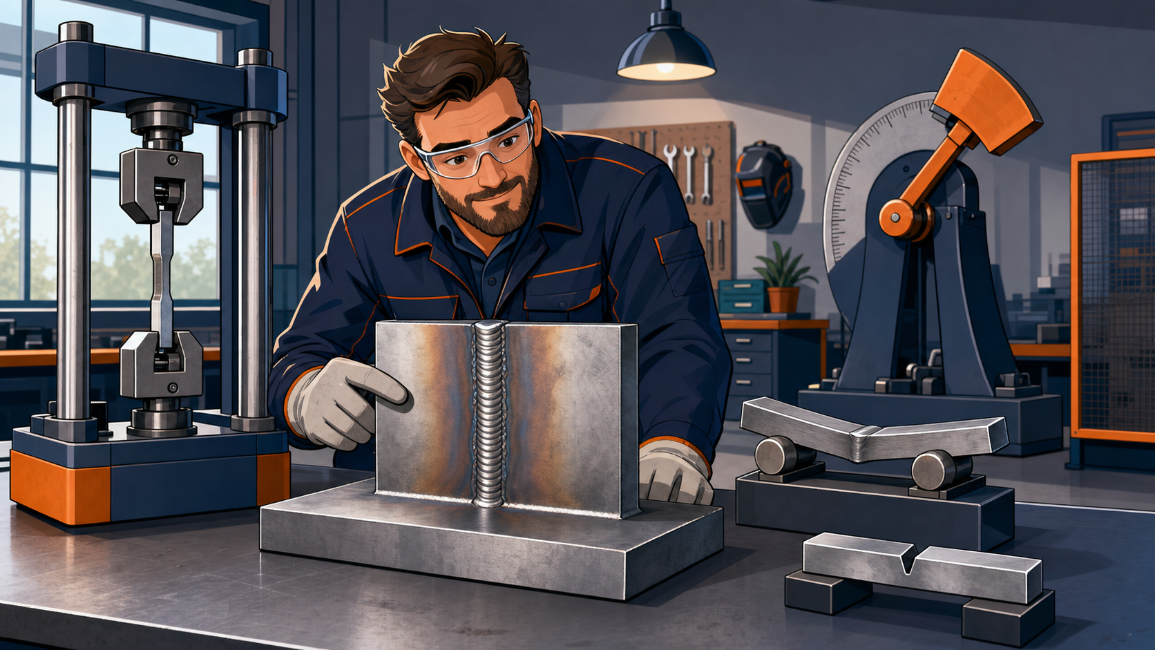 Cartoon van mechanische beproeving van gelaste proefstukken