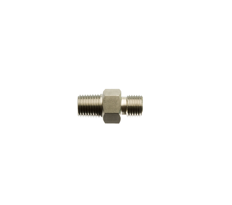 RVS verloopnippel 1/4"NPTM x 1/4"BSP uitw. hol