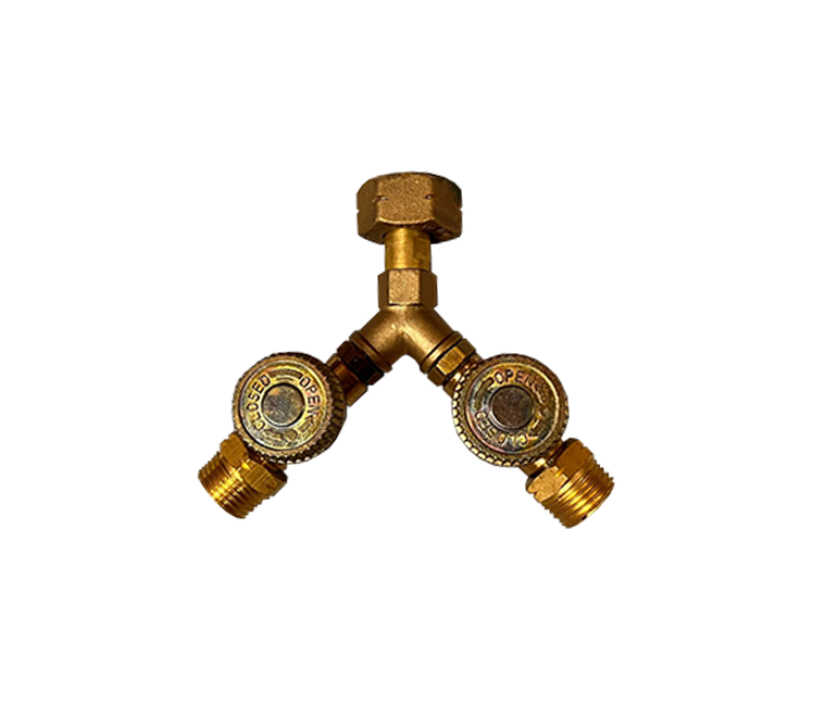 Gasfles Y-stuk met 2x opendicht kranen 21.8L inw x 2 x 21.8L uitw lage druk