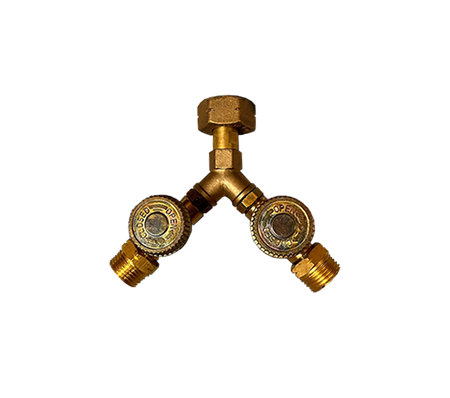 Gasfles Y-stuk met 2x opendicht kranen 21.8L inw x 2 x 21.8L uitw lage druk