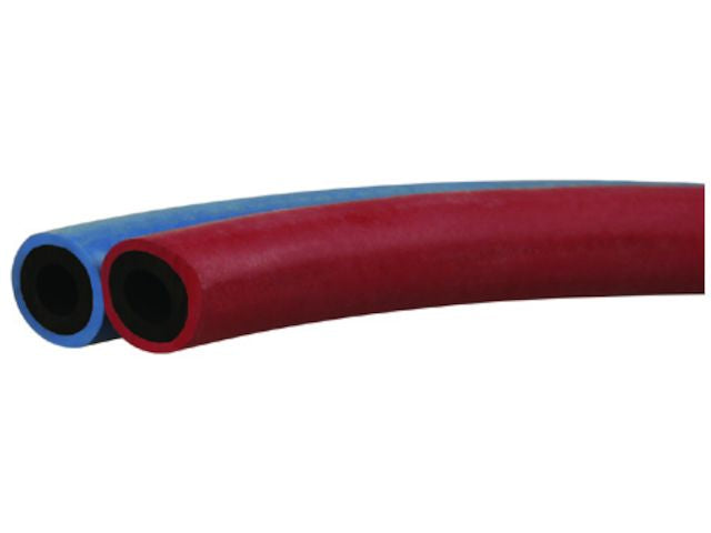 Tweelingslang 6 x 6 mm, blauw-rood glad, volgens ISO 3821, werkdruk 20 bar, binnendiameter blauw 6,3 mm, wanddikte 3.5 mm, binnendiameter rood 6,3 mm, wanddikte 3.5 mm.(1/4" x 1/4"")(6,3 x 6,3 mm). Op rol van 50 meter - Weldingshop