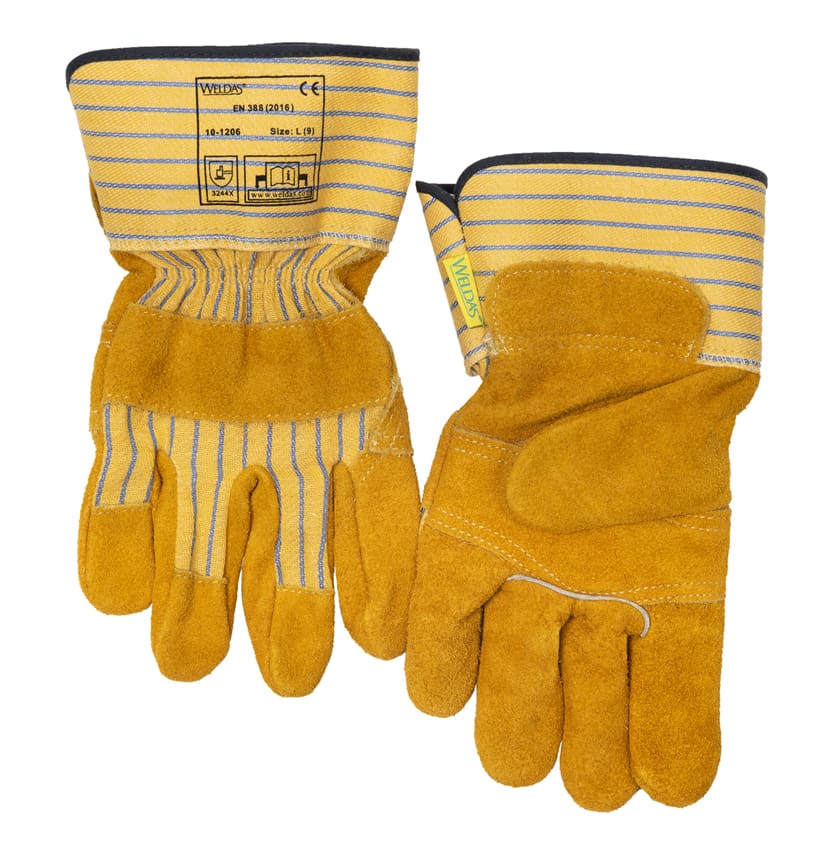 Weldas Werkhandschoen voor algemeen gebruik; elastiek op de rugzijde; gemaakt van split rundleer; gevoerde handpalm en 7;5 cm veiligheidskap