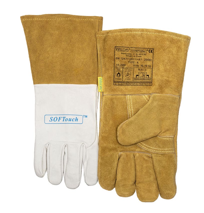 Weldas Combinatiepaar: Linker hand COMFOflex® (10-2000) voor MIG / MAG lassen en de rechterhand SOFTouch™ (10-1009) voor het hanteren van de lastoorts.