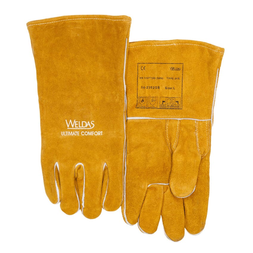 Weldas Lashandschoen gemaakt van Golden Brown™ split schouder rundleer; met versterkte rechte duim voor het beter hanteren van het MIG pistool