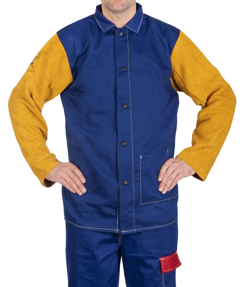 Weldas Yellowjacket® blauwe vlamvertragend katoenen body en gele split rundlederen mouwen