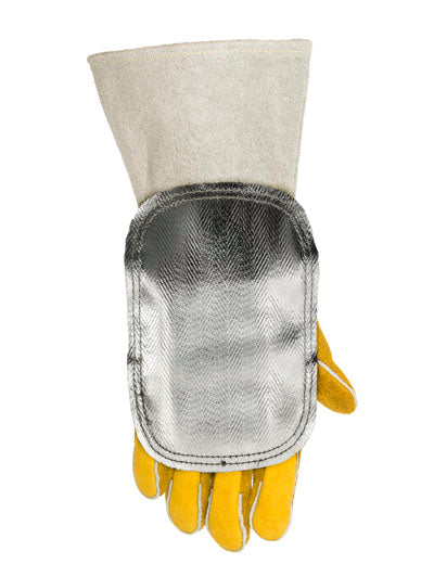 Weldas Hoge hitte reflecterende; gealuminiseerde handschildje met lederen achterzijde; per stuk