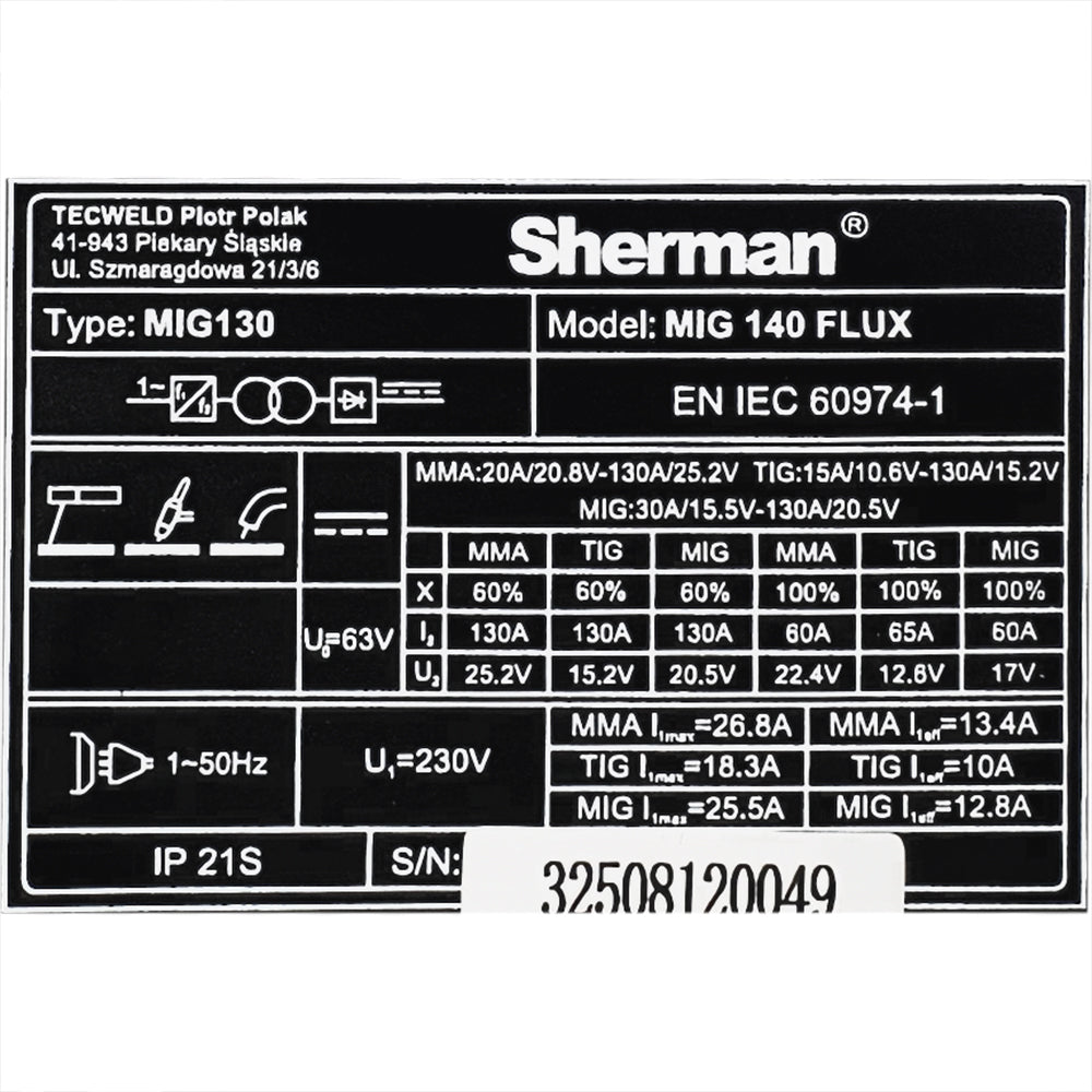 Sherman MIG 140 FLUX 3-in-1 lasapparaat 130 A – gasloos, MMA en TIG Lift