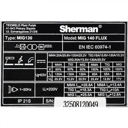 Sherman MIG 140 FLUX 3-in-1 lasapparaat 130 A – gasloos, MMA en TIG Lift