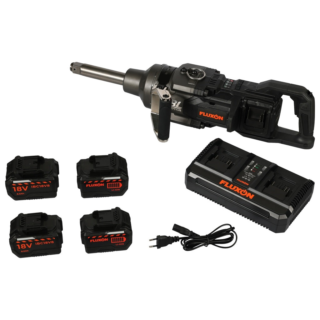 Fluxon accu slagmoersleutel 1” 4000 Nm incl. 4x 8 Ah accu en duosnellader