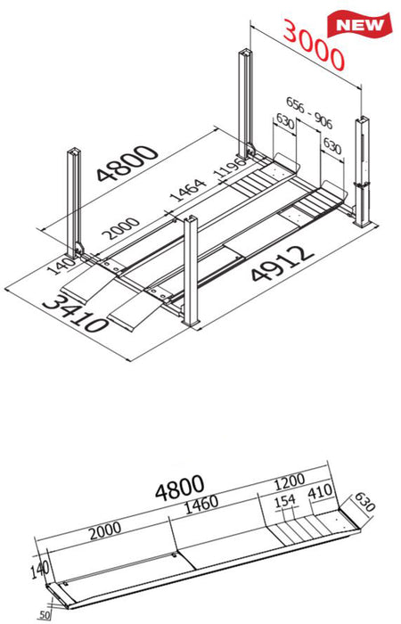 Vier koloms hefbrug 4000kg 4,8m uitlijn 3m doorrijbreedte Cascos - Weldingshop