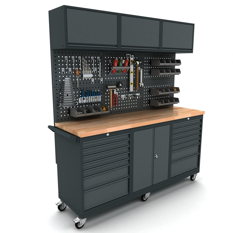 Verrijdbare werkbank 2 deuren 2x7 laden kast incl. gereedschapswand en bovenkast EXPERT