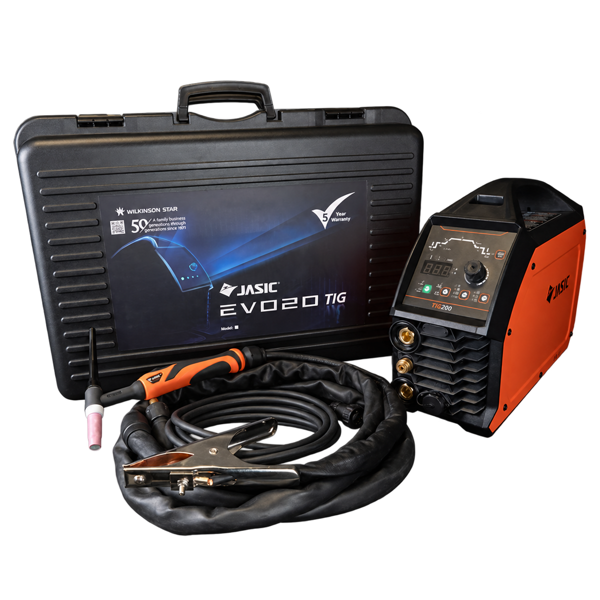 Jasic EVO POWER TIG 200 lasapparaat met koffer, toorts en massakabel zonder reduceerventiel
