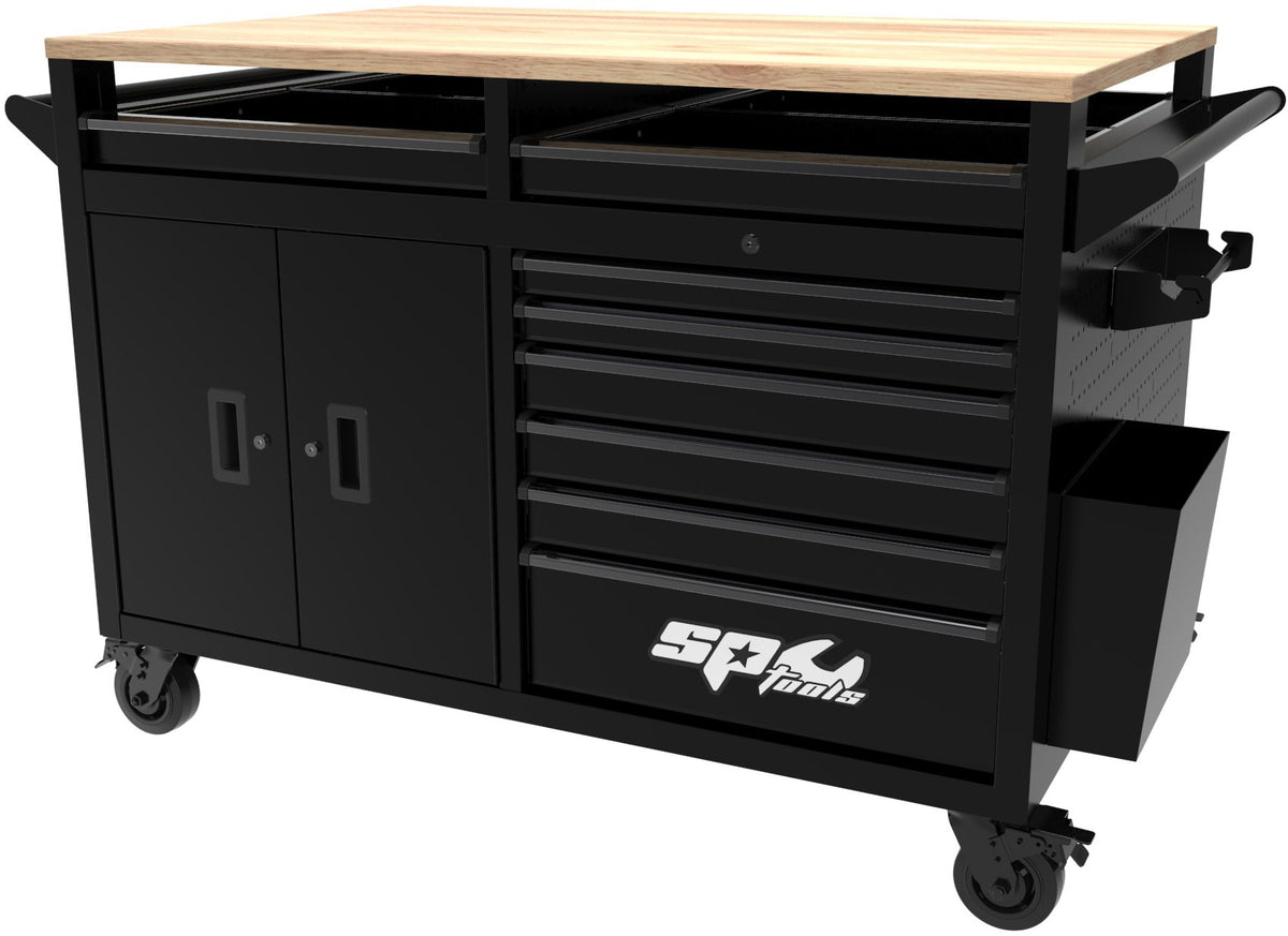 MULTIFUNCTIONELE GEREEDSCHAPSWAGEN ZWART USA SUMO MET HOUTEN WERKBLAD