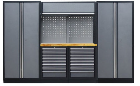 PROFESSIONEEL GARAGE WANDSYSTEEM 2 RUGPANELEN+ 2 KASTEN MET HOUTEN WERKBLAD