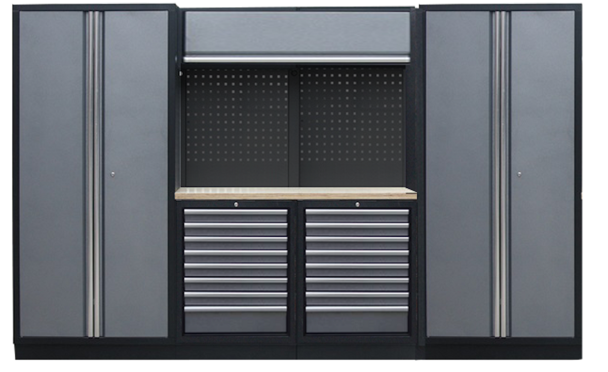 PROFESSIONEEL GARAGE WANDSYSTEEM 2 RUGPANELEN+ 2 KASTEN MET HOUTEN WERKBLAD