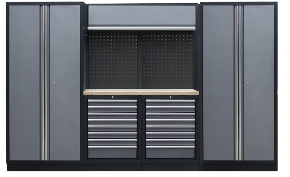 PROFESSIONEEL GARAGE WANDSYSTEEM 2 RUGPANELEN+ 2 KASTEN MET HOUTEN WERKBLAD