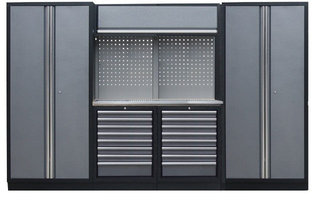 PROFESSIONEEL GARAGE WANDSYSTEEM 2 RUGPANELEN+ 2 KASTEN MET RVS WERKBLAD