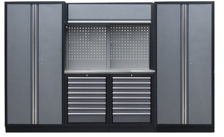 PROFESSIONEEL GARAGE WANDSYSTEEM 2 RUGPANELEN+ 2 KASTEN MET RVS WERKBLAD