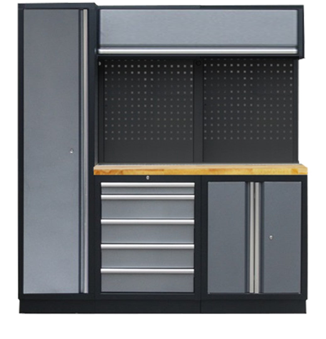 PROFESSIONEEL GARAGE WANDSYSTEEM 2 RUGPANELEN+KAST MET HOUTEN WERKBLAD