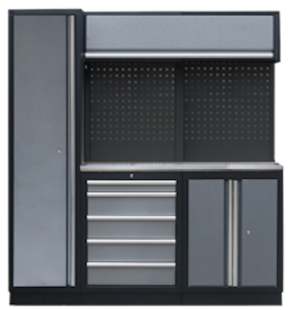 PROFESSIONEEL GARAGE WANDSYSTEEM 2 RUGPANELEN+KAST MET RVS WERKBLAD