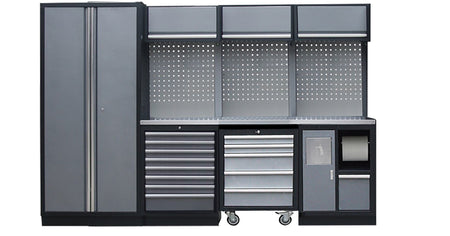 PROFESSIONEEL GARAGE WANDSYSTEEM 3 RUGPANELEN+ 1 KAST MET RVS WERKBLAD