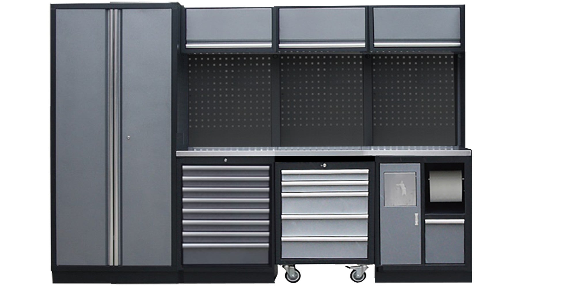 PROFESSIONEEL GARAGE WANDSYSTEEM 3 RUGPANELEN+ 1 KAST MET RVS WERKBLAD