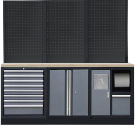 PROFESSIONEEL GARAGE WANDSYSTEEM 3 RUGPANELEN MET HOUTEN WERKBLAD