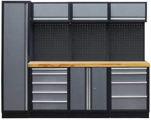 PROFESSIONEEL GARAGE WANDSYSTEEM 3 RUGPANELEN+KAST MET HOUTEN WERKBLAD