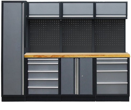 PROFESSIONEEL GARAGE WANDSYSTEEM 3 RUGPANELEN+KAST MET HOUTEN WERKBLAD