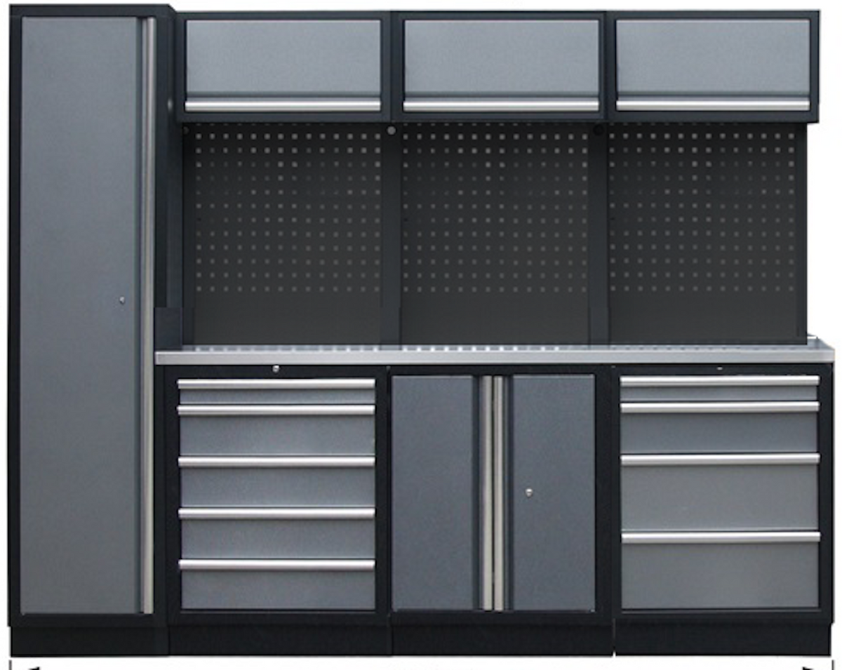 PROFESSIONEEL GARAGE WANDSYSTEEM 3 RUGPANELEN+KAST MET RVS WERKBLAD