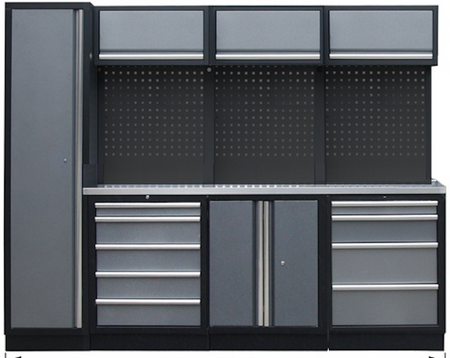 PROFESSIONEEL GARAGE WANDSYSTEEM 3 RUGPANELEN+KAST MET RVS WERKBLAD