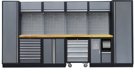PROFESSIONEEL GARAGE WANDSYSTEEM 4 RUGPANELEN+ 2 HOGEKASTEN MET HOUTEN WERKBLAD
