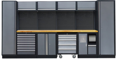 PROFESSIONEEL GARAGE WANDSYSTEEM 4 RUGPANELEN+ 2 HOGEKASTEN MET HOUTEN WERKBLAD