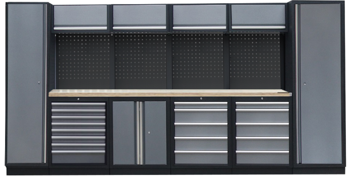 PROFESSIONEEL GARAGE WANDSYSTEEM 4 RUGPANELEN+ 2 KASTEN MET HOUTEN WERKBLAD