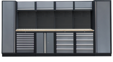 PROFESSIONEEL GARAGE WANDSYSTEEM 4 RUGPANELEN+ 2 KASTEN MET HOUTEN WERKBLAD