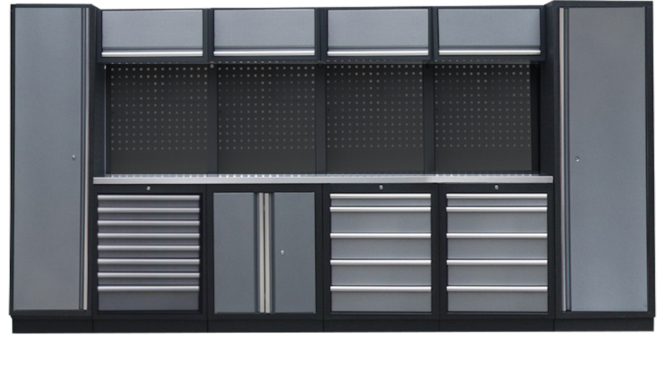 PROFESSIONEEL GARAGE WANDSYSTEEM 4 RUGPANELEN+ 2 KASTEN MET RVS WERKBLAD