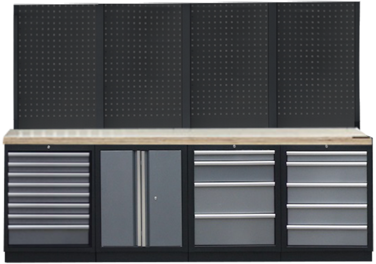 PROFESSIONEEL GARAGE WANDSYSTEEM 4 RUGPANELEN MET HOUTEN WERKBLAD