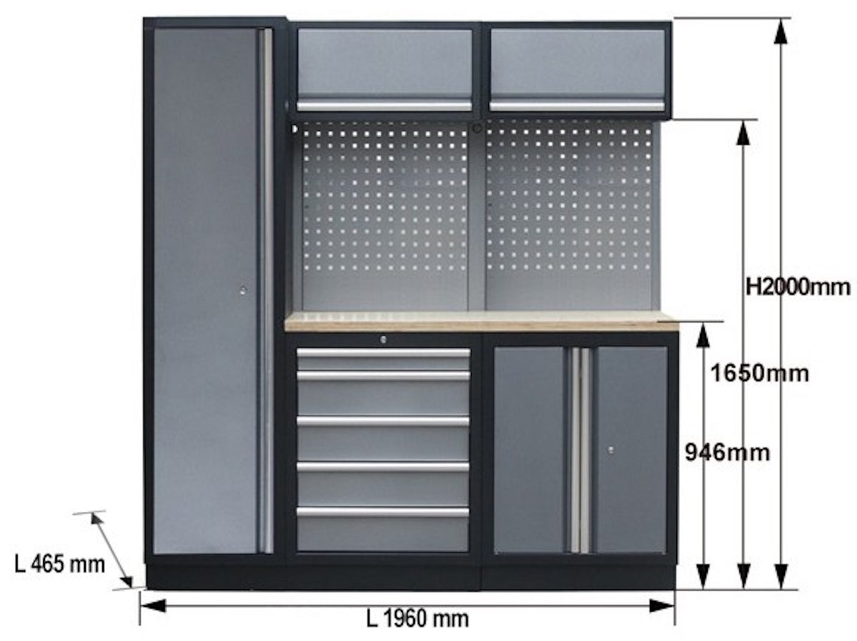 PROFESSIONEEL GARAGE WANDSYSTEEM 2 RUGPANELEN+KAST MET HOUTEN WERKBLAD