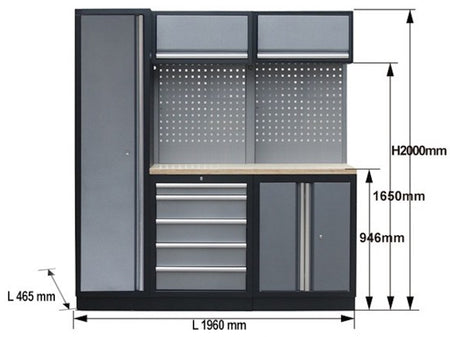 PROFESSIONEEL GARAGE WANDSYSTEEM 2 RUGPANELEN+KAST MET HOUTEN WERKBLAD