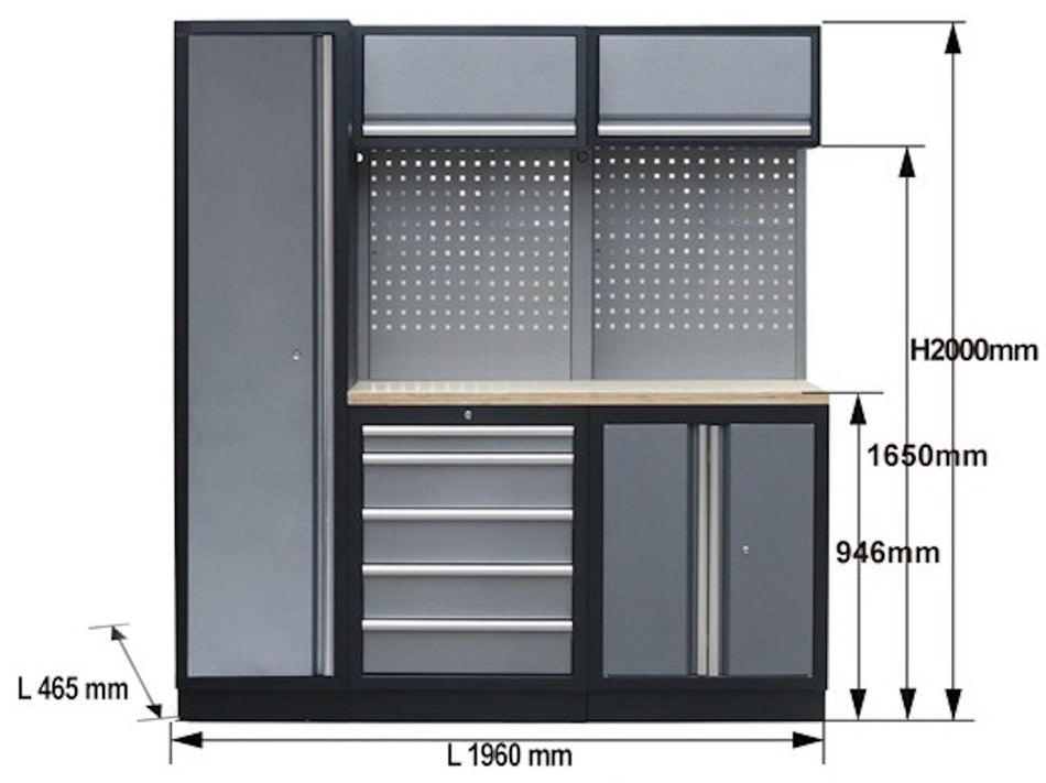 PROFESSIONEEL GARAGE WANDSYSTEEM 2 RUGPANELEN+KAST MET HOUTEN WERKBLAD