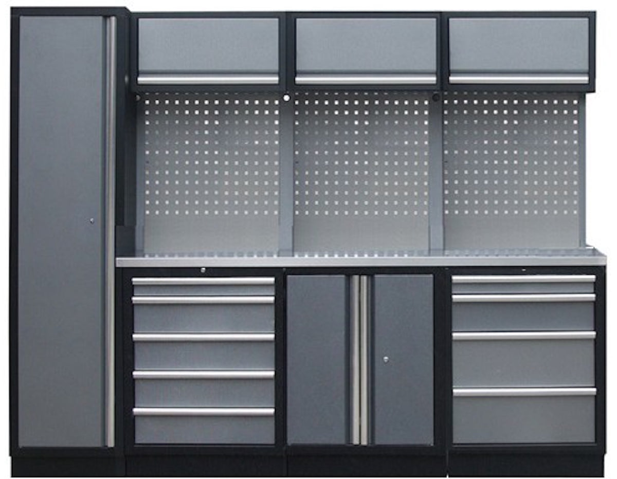 PROFESSIONEEL GARAGE WANDSYSTEEM 3 RUGPANELEN+KAST MET RVS WERKBLAD