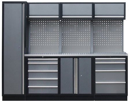 PROFESSIONEEL GARAGE WANDSYSTEEM 3 RUGPANELEN+KAST MET RVS WERKBLAD