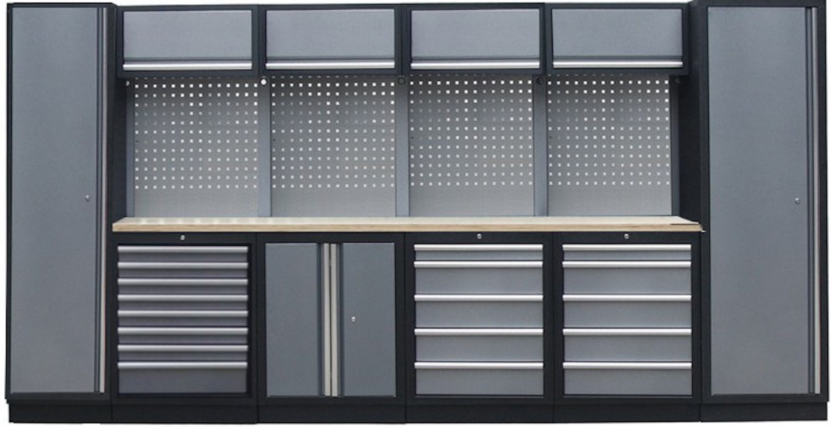 PROFESSIONEEL GARAGE WANDSYSTEEM 4 RUGPANELEN+ 2 KASTEN MET HOUTEN WERKBLAD