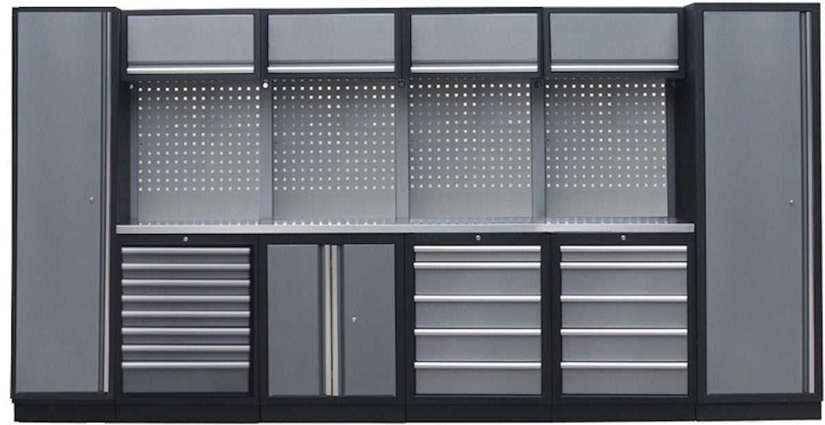 PROFESSIONEEL GARAGE WANDSYSTEEM 4 RUGPANELEN+ 2 KASTEN MET RVS WERKBLAD