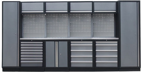 PROFESSIONEEL GARAGE WANDSYSTEEM 4 RUGPANELEN+ 2 KASTEN MET RVS WERKBLAD
